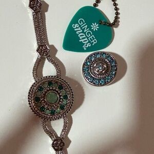 Women’s Silver Tone Green Snap Bracelet and Aqua Snap Charm